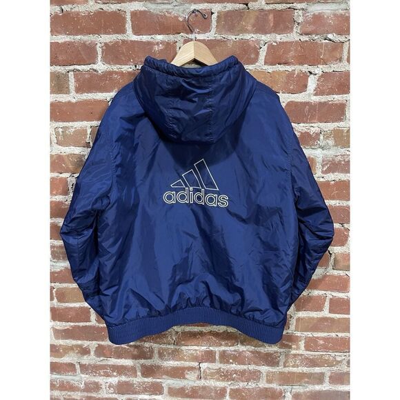 Rare Vintage ADIDAS Spell Out Striped Full Zip Hooded Jacket 90s Navy L - Picture 5 of 6